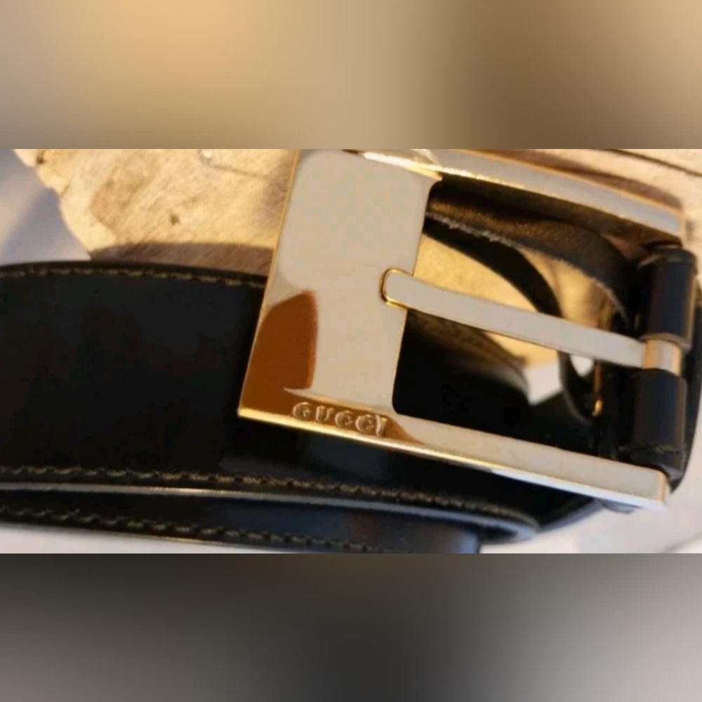 Gucci Men's Black Leather Belt with Solid Gold Brass Buckle, 35", 36", 37" - Picture 8 of 10